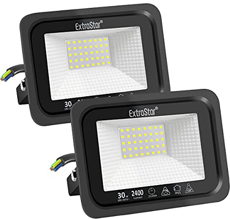 EXTRASTAR Projecteurs LED Extérieur 30W, IP65 Etanche, 2400LM, Spot LED Extérieur, 6500K Blanc Froid, Eclairage de Sécurité, pour Jardin Terrasse Garage Patio Grange Cour, Lot de 2
