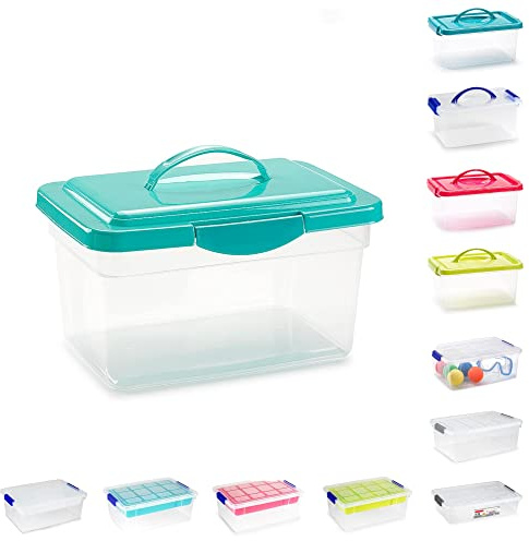 plastific Plastic Storage Box Lightweight Robust Stackable Storage Boxes with Lid, Clear Latch Boxes, Plastic Organiser, Space Saving Solution for Home Office (9L - Turquoise Lid with Handle)