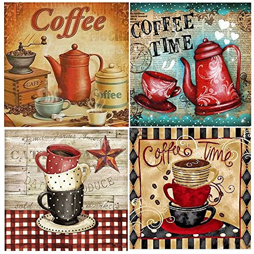 Set di 4 Pack diamond painting per Adulti 30x30 cm 5D Diamond Painting Caffe Poster per Bambini Dipingere con i Numeri Adulti Mosaico Fai Da Te Diamond Painting per Pausa Caffe Vintage Caffè Poster