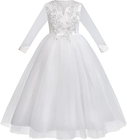 First Holy Communion Dresses, Confirmation Dresses for Teen Girls - Flower Girls Satin Tulle Princess Pageant Dress for Wedding Kids Pearls Prom Ball Gowns White - long sleeve 13-14 Years