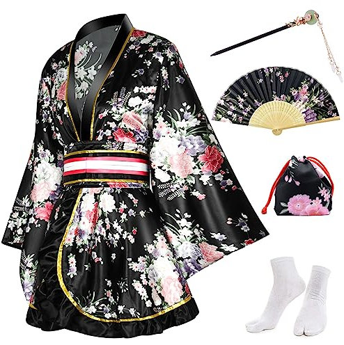 PLULON 5 Stück japanische Kimono Robe für Damen kurzes Kimono-Kleid mit Blumendruck sexy Geisha Yukata Satin Bademantel mit Zubehör