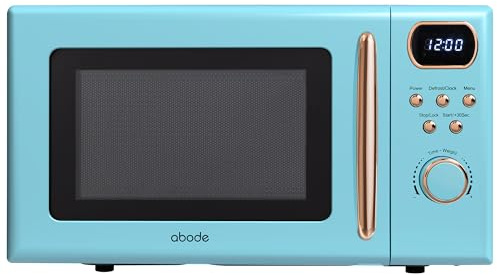 Abode Retro Microwave 20 Litre Blue with Rose Gold Accent Digital 800W, Mirror Finish, 8 Auto Cook Settings & Defrost, 5 Power Levels AMD2004GRG