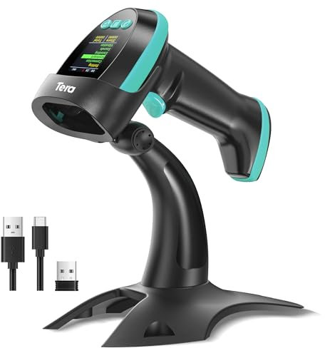 Tera Barcode Scanner Wireless 2D QR with Stand: Digital Setting Screen Keypad Pro Version Extra Fast Scanning Speed Works with Bluetooth 2.4G Wireless USB Wired Bar Code Reader HW0009-Z