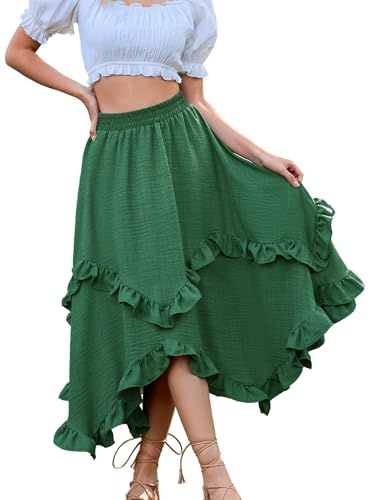 Bridesmay Renaissance Skirts for Women Summer Boho Skirt Asymmetrical Ruffle Skirt for Renn Faire Midi Length Green XXL