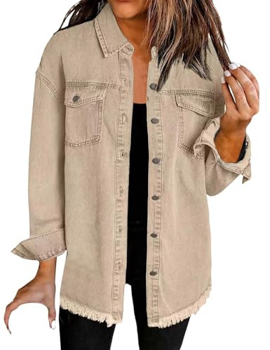 Camisa vaquera larga para mujer, con botones, manga larga, túnica ventilada, cuello alto, blusas, holgadas, holgadas, camisetas de verano, plisadas, caqui, S