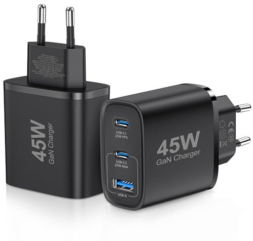 2-Pack Cargador USB C 45W Adaptador de Corriente GAN para iPhone/Samsung Galaxy S25/S24/S23/S22/S21 iPhone 16/15/14/13/12/11 Pro MAX,Cargador rápido de 3 Puertos Tipo C USB Multiple PPS (Negro)
