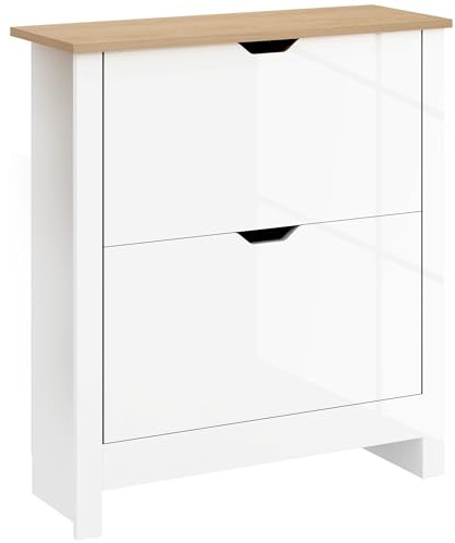 HOMCOM Narrow Shoe Cabinet, Space Saving Shoe Storage Cabinet with 2 Flip Drawers and Adjustable Shelves for 6-12 Pairs of Shoes for Hallways and Living Room, High Gloss White