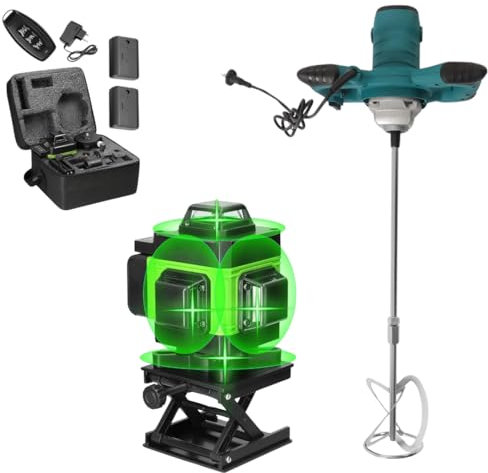 Miscelatore per Malta e Cemento 1600W con 6 Velocità e Attacco M14 + Livella Laser 4D a 16 Linee con Raggio Verde Autolivellante, Kit Professionale 2 in 1.