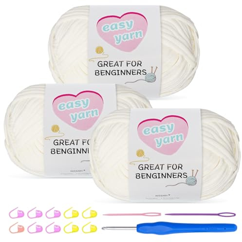Chunky Cotton Yarn for Crochet 3x100g Thick Wool for Knitting Crochet Yarn with 4mm Hook Starter Kit for Beginners Amigurumi Projects (Off-White-3)