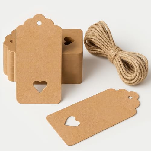 Gift Tags 50 Pieces Blank Brown Paper Tags with String 4.5 x 9.5 cm for Wedding Favours Valentine's Day Birthday [ Heart ]