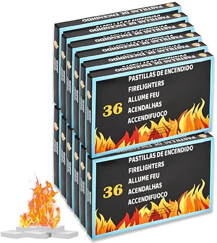 12 Cajas 432 Pastillas de Encendido Chimenea, Pastillas de Fuego para Encendido Carbón, Chimeneas, Estufas y Barbacoas, Pastillas Iniciador De Fuego Enciende Facil y Rápido, Fabricado en España