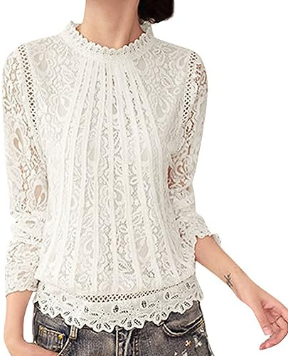 Generisch Loose Women's High Pullover Neck Blouse with Stand-Up Collar, White, M