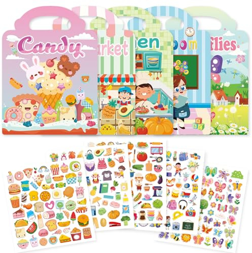 SAYHALO® 5 Pack Stickerbuch ab 2 3 4 5 6 Jahre Sticker Book Set Supermarkt Süßigkeiten Küche Spielzeug für Kinder Lerngeschenke Kinderspielzeug Weihnachten Geburtstag Geschenke