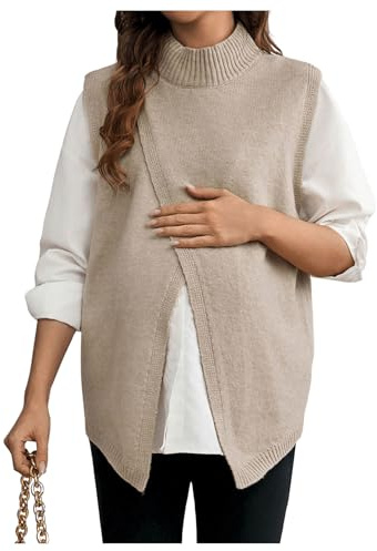 MakeMeChic Women's Maternity Sweater Vest Mock Neck Split Hem Sleeveless Fall Pregnancy Knit Top Khaki Medium