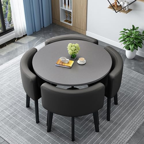 Leather Dining Table Set with 4 Black Chairs - Round/Square Space-Saving Dining Group for Kitchen Living Room and Dining Room - Perfect for 4 People