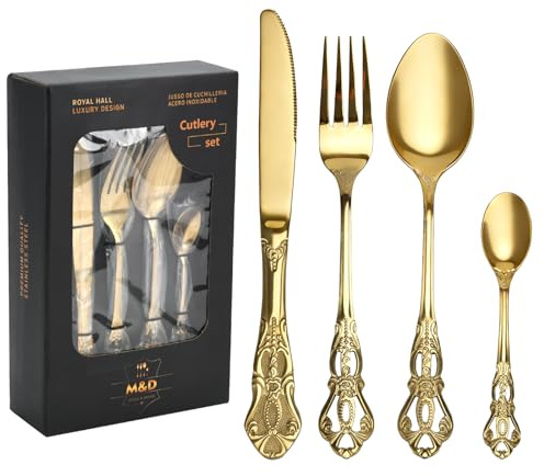 Juego de 24 cubiertos dorados de acero inoxidable – Cubiertos de plata para 6 personas con cuchillo, tenedor, cuchara, acabado espejo y apto para lavavajillas, patrón tallado