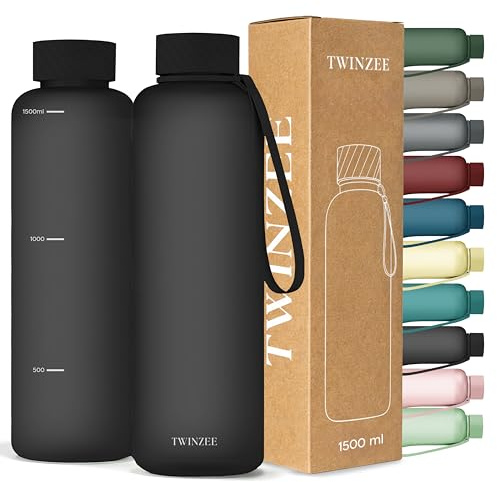 Twinzee Borraccia 1,5 litri - A Prova di Perdite, Senza BPA, Sostenibile - Water Bottle per Scuola e ufficio, Borraccia sportiva - Nero Profondo