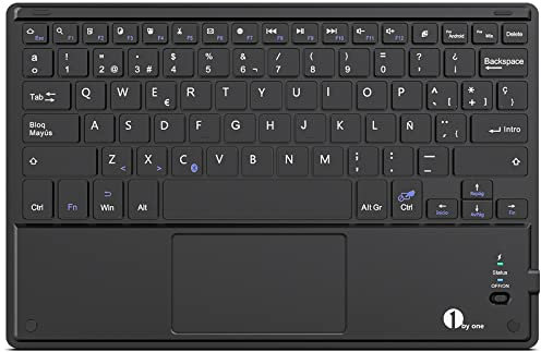 DIAFIELD 1byone Ultra-Delgado Teclado Inalámbrico Español Ñ con Panel Táctil Multi-función y Batería Recargable, QWERTY español, para Tablet/Pad/TV/Ordenador, Negro