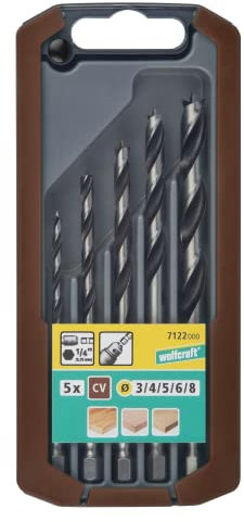 wolfcraft Juego de brocas espirales para madera, vástago hexagonal, Ø 3–8 mm, 5 piezas I 7122000 I Para taladrar madera blanda