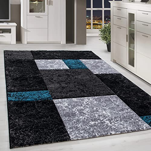 HomebyHome Teppich Wohnzimmer 200x290 cm Türkis Kariert Konturschnitt Design - Schlafzimmer Teppich Kurzflor Extra Weich Pflegeleicht Teppiche für Küche Esszimmer Jugendzimmer - Carpet Living Room