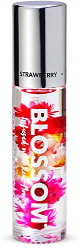 Blossom Roll on Lip Gloss, Scented Clear High Shine Moisturizing Lip Oil, Non Sticky, Infused with Real Flowers, Made in USA, 0.2oz, Strawberry