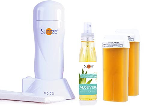 Sunzze Warmwachs Set Honig, Wachspatronenerhitzer im 2 Roll-On Wachspatronen, Vliesstreifen und After-Wax Lotion