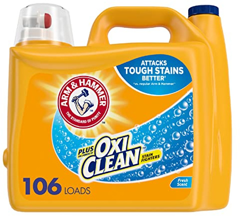 ARM & HAMMER Plus OxiClean Laundry Detergent, 5 in 1 Laundry Stain Remover, Fresh Scent Liquid Laundry Detergent, 185.5 Fl Oz Bottle