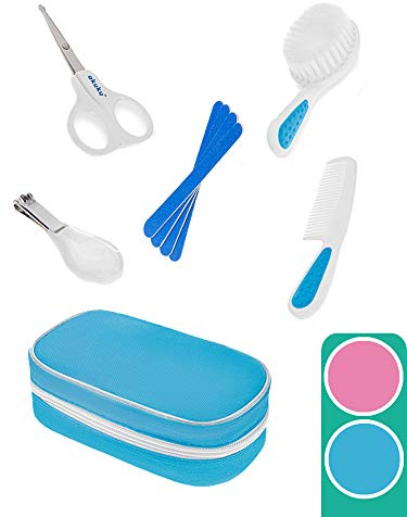 AKUKU - Set de cuidado para bebés recién nacidos, color rosa/azul, 5 piezas, con tijeras para uñas, cortaúñas, cepillo, peine y lima de uñas en un pequeño estuche azul azul