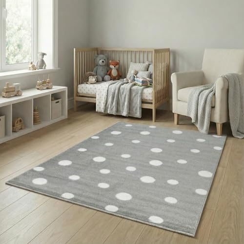 Jimri Alfombra Infantil Polka para habitación Infantil Alfombra de Lunares para bebé, habitación Juvenil, Arco Iris- Gris, 80 x 150 cm