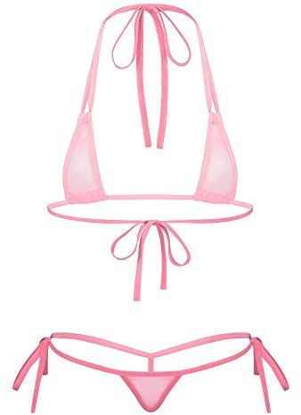 FEESHOW Women Two-Piece See-Through Mesh Strappy Micro Bikini Set Lace-Up Bras Underwear Pink OneSize