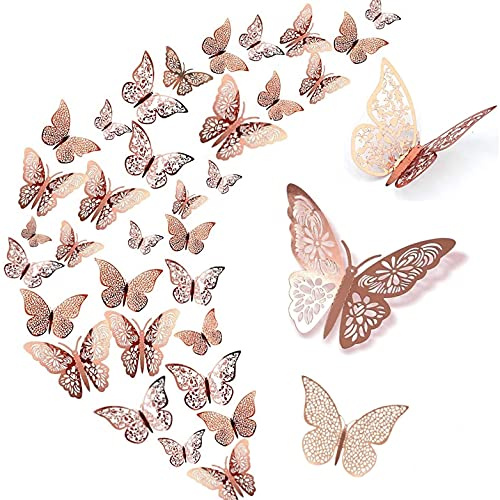 WandSticker4U®- [36 pezzi] FARFALLE 3D decorative ORO ROSA metallizzato I Decorazioni farfalle decorative adesive 3D per pareti stanza adulti bambini mobili tavolo nozze compleanno torte regalo