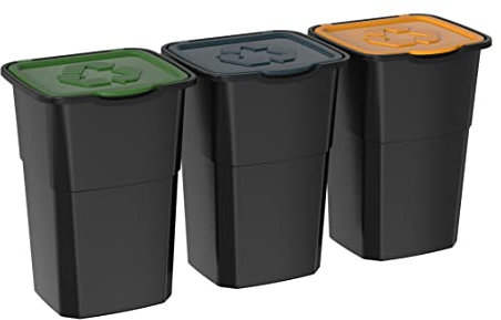 DEA HOME pattumiera per raccolta differenziata ECO3, con 3 scomparti da 50 litri ciascuno, in plastica, da interni ed esterni, colore nero.