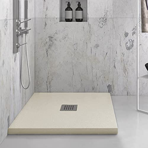 Yellowshop - Piatto doccia quadrato marmoresina 80x80 o 90x90 cm h 2,5 cm HEAVY Sabbia con sifone, piletta e copripiletta inox (Cm 90x90)