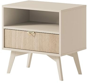 Mirjan24 Nachttisch Fixiop S54 mit Schublade und Fächer, Aluminiumgriffe, B:54 x H:54 x T:38 cm, Nachtschrank, Nachtkonsole, Nachtkommode, Schlafzimmerkommode (Sandbeige/Scandi Fischgrät)