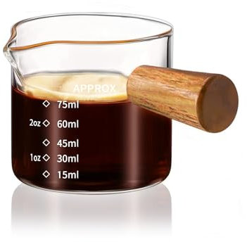 YARRAMATE Espresso Shots Cup with Wood Handle, Clear Glass Espresso Measuring Cup with Dual Scale, Shot Glass with Single Spout, 3.4 OZ /100 ML