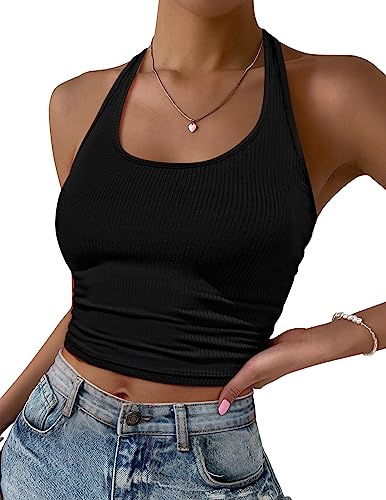 Ekouaer Crop Top Tank Top for Women Backless Vest Sommer Going Out Tops Ribbed Knitted Basic Vest Tops S-XXL