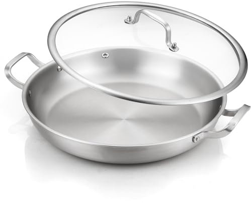 DELARLO Stainless Steel Paella Pan with Lid, 33 cm, Large Induction Pan, Ideal for Indoor and Outdoor Paella Parties, Durable, Lasts a Lifetime