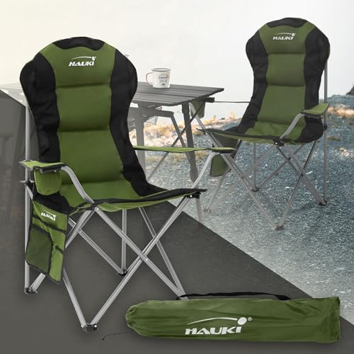 Chaise de Camping Pliable Hauki, Kaki, Extra Large, Chaise Longue Rembourrée, Dossier Haut, Portable, jusqu'à 150kg, Idéal pour Extérieur, Jardin, Camping, Pêche