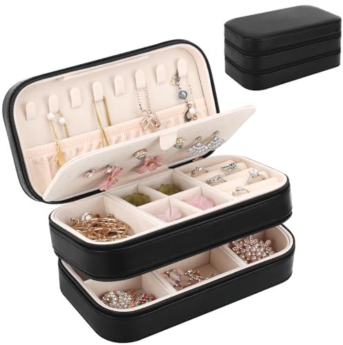 DesignSter Boîte à bijoux de voyage, Petit Coffret à Bijoux à 2 Niveaux pour Filles Femmes, Rangement Bijoux pour colliers, bagues, bracelets, boucles d'oreilles, Noir