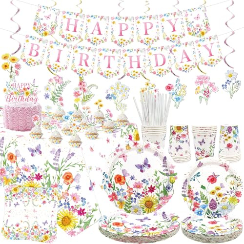 Decorazioni per feste a fiori di campo, forniture floreali per feste di compleanno, piatti, tazze, tovaglioli, tovaglia, striscione di buon compleanno, decorazioni per torte, vortici da appendere per