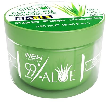 BioRLX 99% gel di aloe vera con collagene e acido ialuronico 230 ml 8,45 Fl Oz Jar – per corpo viso, capelli & scalp, After Sun Relief, Natural, Soothing, Idratazione