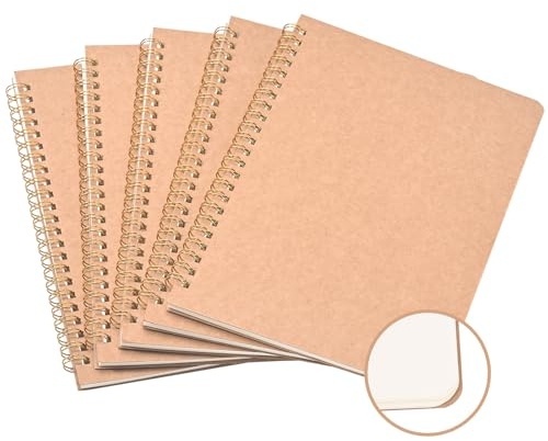 HOMIKLSA Notizbuch A5 Blanko, 5 Stück Kraft Cover Notizheft mit 100 Seiten (50 Blätter), Notizblock für Büro, Schule & Reisen (21x14cm)