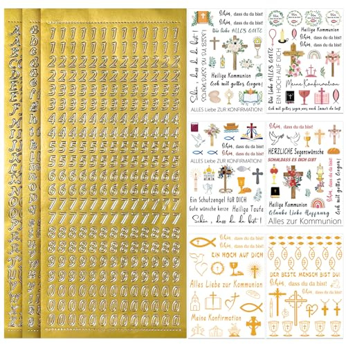 6pcs Kerzentattoos Kommunion Kerzen Tattoofolie + 3pcs Groß und Kleinbuchstaben Kerzen Sticker Gold Zahlen Aufkleber für Kerzen GrußKarten Notizbücher Wasserbecher