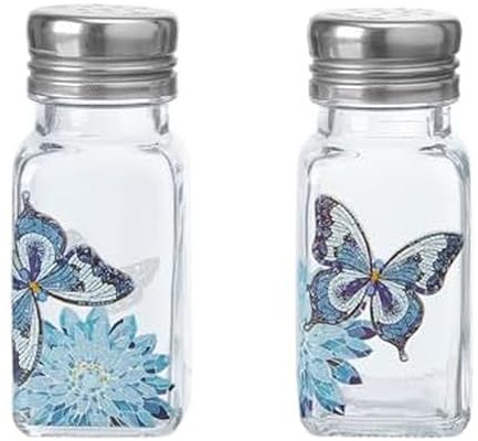 Dolly Parton Glass Salt and Pepper Shakers with Mosaic Flowers and Butterfly Design, Easy to Fill, Set of 2, 3 Ounce