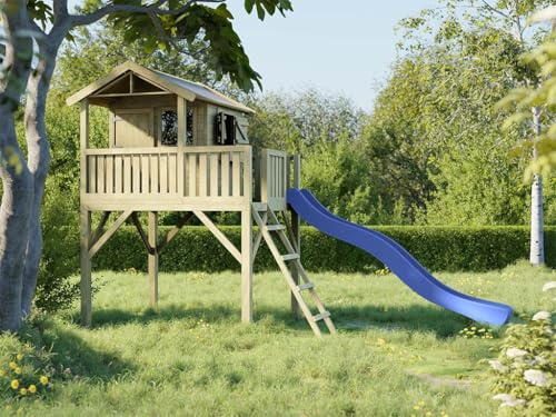 Prestige Garden Stelzenhaus Funny XXL KDI | 285x188x303 cm | Kesseldruckimprägniertes Kiefernholz | Mit Veranda, Balkon & Blauer Rutsche | 146 cm Podest | Kinder Outdoor Spielhaus