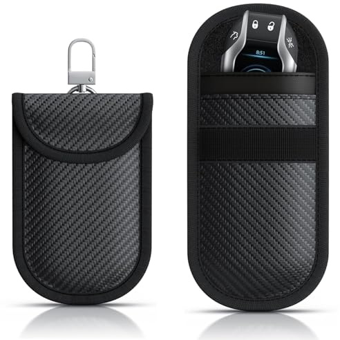 Rayakt Keyless Go - Funda para llave de coche (2 unidades, protección antirrobo, protección para llaves y tarjetas, incluye mosquetón)