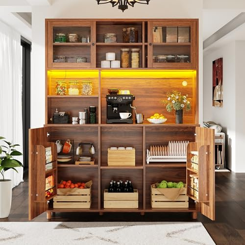 LAKFEW Alacena de Cocina Armario Cocina con Iluminación LED y Puerta Corredera de Cristal, Aparadores Mueble Auxiliar Cocina con Estante Ajustable y Puerta de Almacenaje, 140x40x185 cm, Marrón Nogal