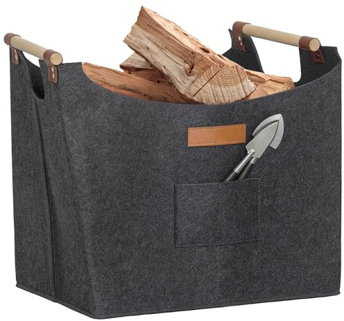 Outsunny Borsa in Feltro per Legna da Ardere con Manici in Legno, Cesto Portalegna da Interno, Cesta Multiuso per Ceppi di Legno, Coperte e Riviste, 45x32x40 cm Grigio Scuro