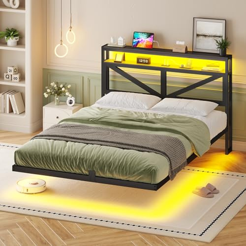 AOGLLATI Camas Matrimoniales 140x200 cm, Estructura Cama con Iluminación LED y Estación de Carga, Somier de Metal con Efecto Visual Flotante para Dormitorio, Minimalista, Negro