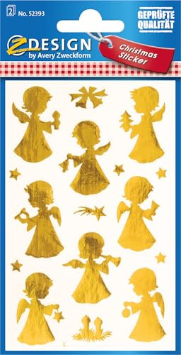 AVERY Zweckform 32 Aufkleber Weihnachten goldene Engel Sterne Motive (Made in Germany, Weihnachtssticker Goldeffekt, selbstklebende Weihnachtsdeko für Karten, Geschenke) 2 Bogen/je 16 Sticker, 52393